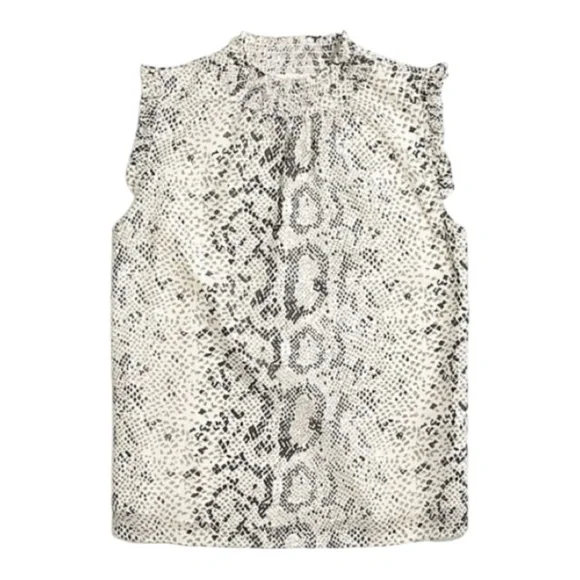 J. Crew Snakeskin-Print Mock-Neck Ruffle Neck/Sleeve Sleeveless Blouse. Size 0. - Picture 13 of 13